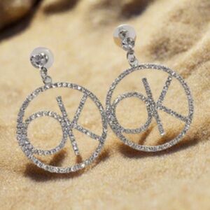 Womens Rhinestone OK Silver Hoop Earrings